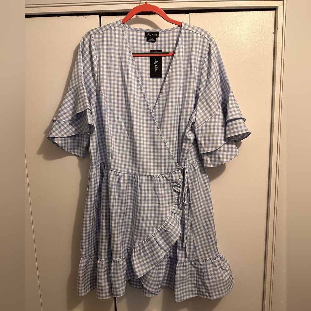 City Chic Light Blue Gingham Wrap Midi Dress